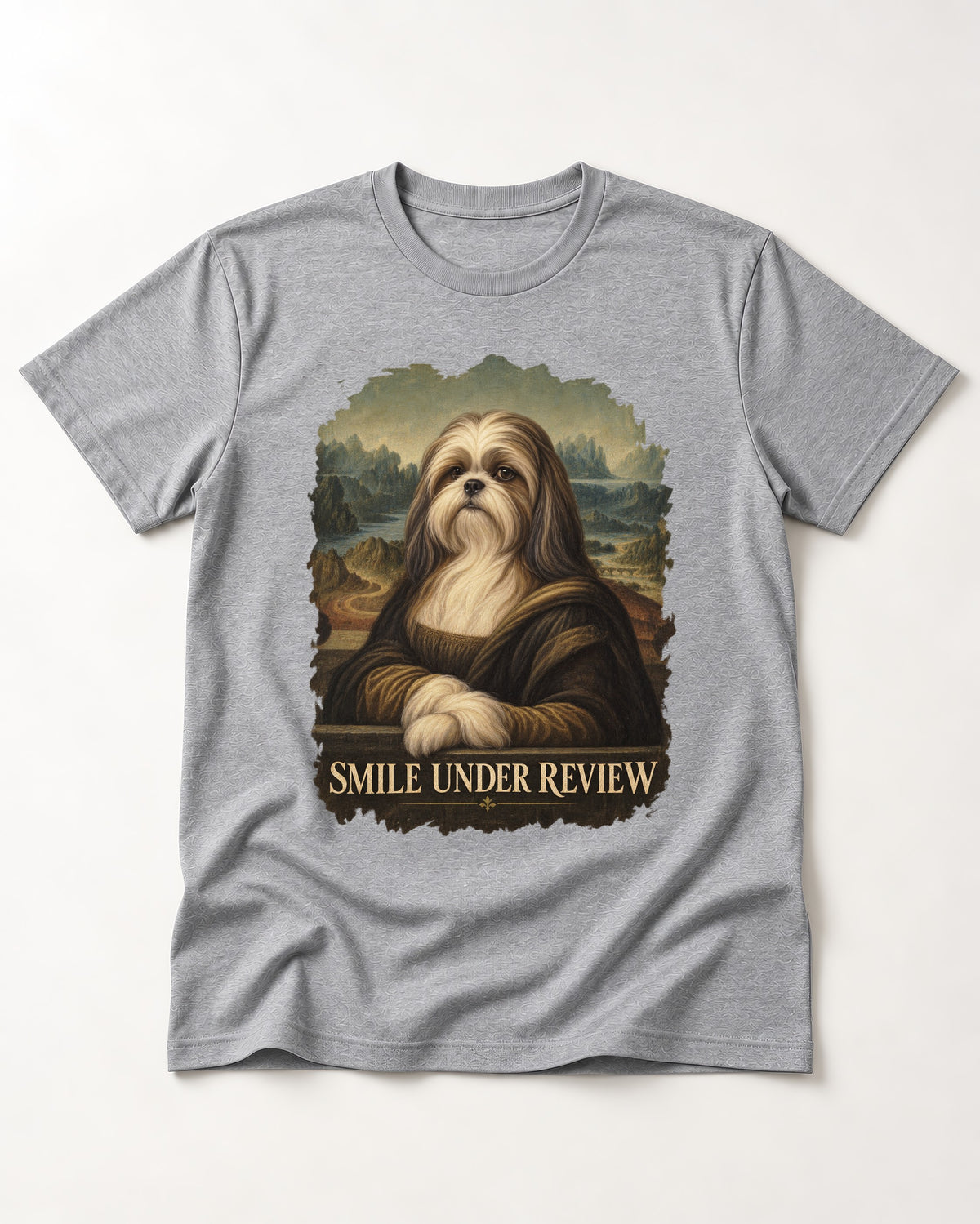Shih Tzu Smile Under Review Old Master Portrait Graphic T-Shirt in Sport Grey, flat lay product photo