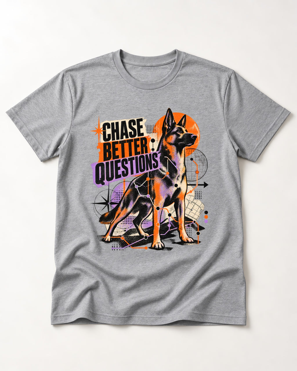 Chase Better Questions German Shepherd Dog T-Shirt in Sport Grey, flat lay product photo