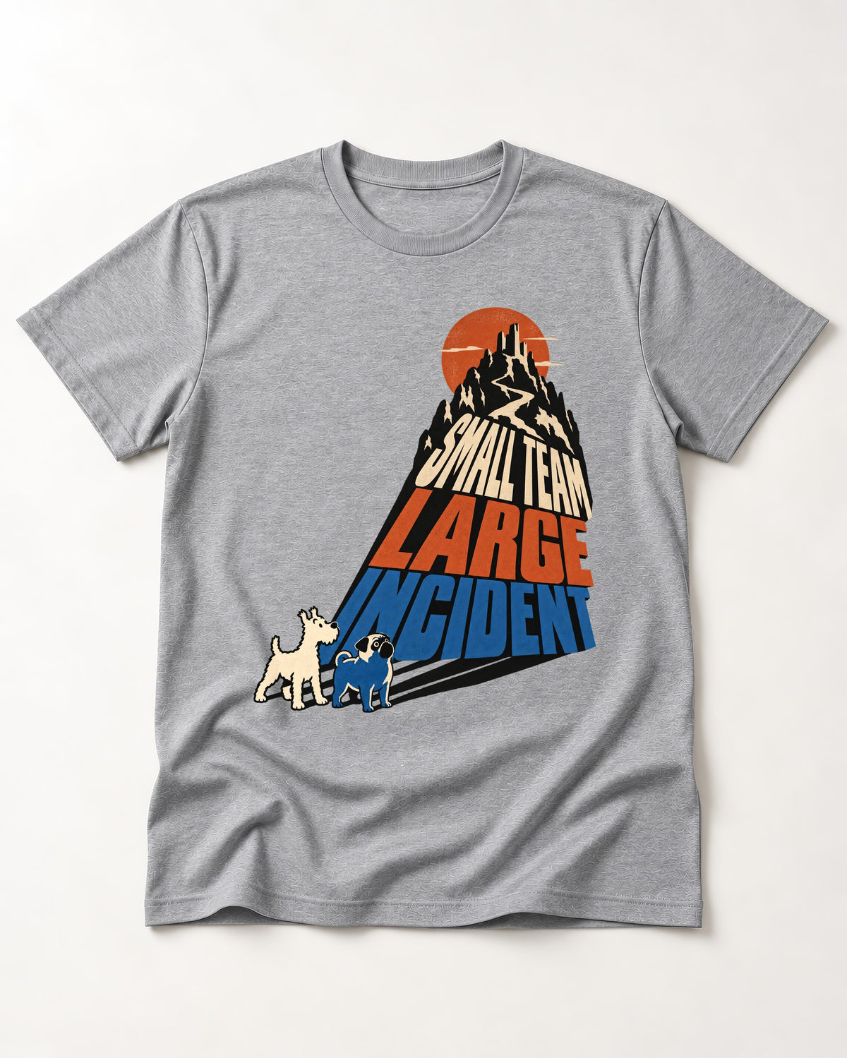 Pug Small Team Large Incident Mountain Graphic T-Shirt in Sport Grey, flat lay product photo