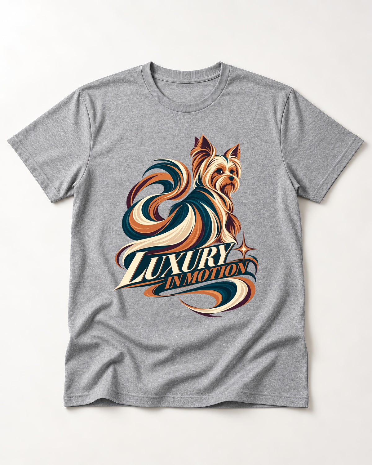 Yorkshire Terrier Luxury in Motion T-Shirt in Sport Grey, flat lay product photo