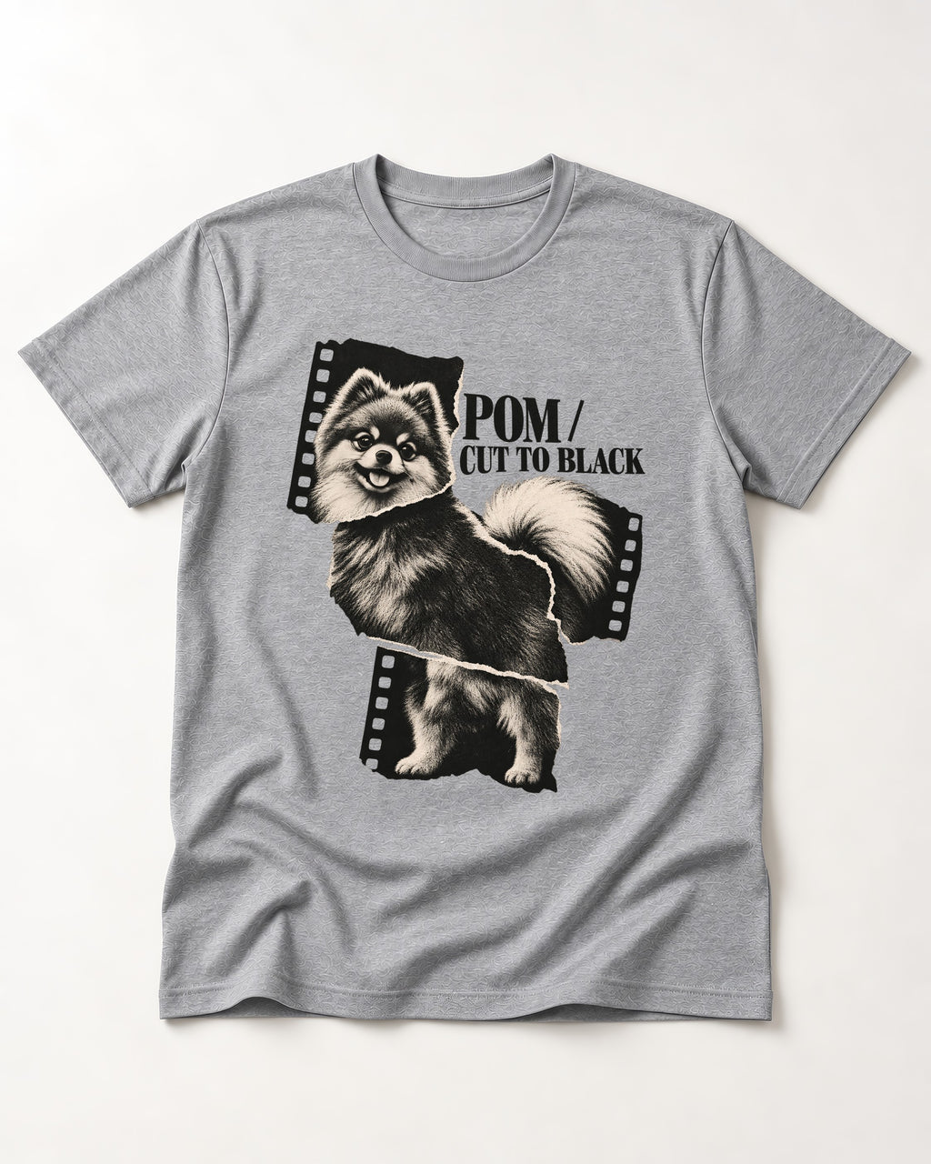 Pomeranian Cut to Black T-Shirt in Sport Grey, flat lay product photo