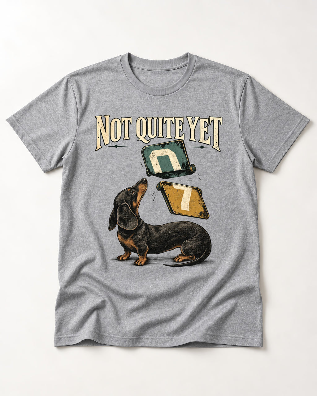 Not Quite Yet Dachshund T-Shirt in Sport Grey, flat lay product photo
