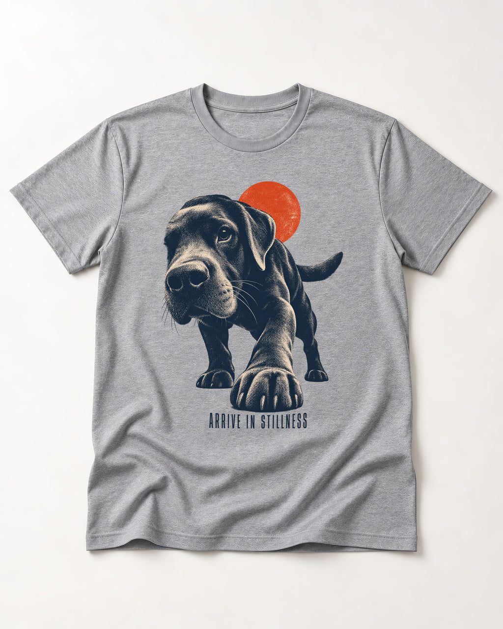 Labrador Retriever Arrive in Stillness T-Shirt in Sport Grey, flat lay product photo