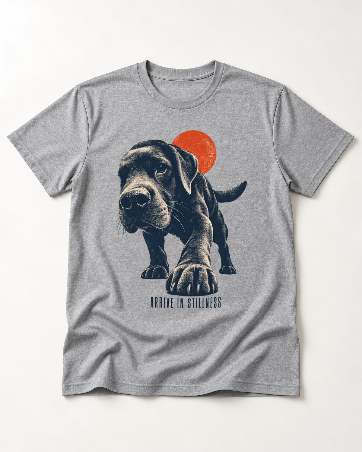 Labrador Retriever Arrive in Stillness T-Shirt in Sport Grey, flat lay product photo