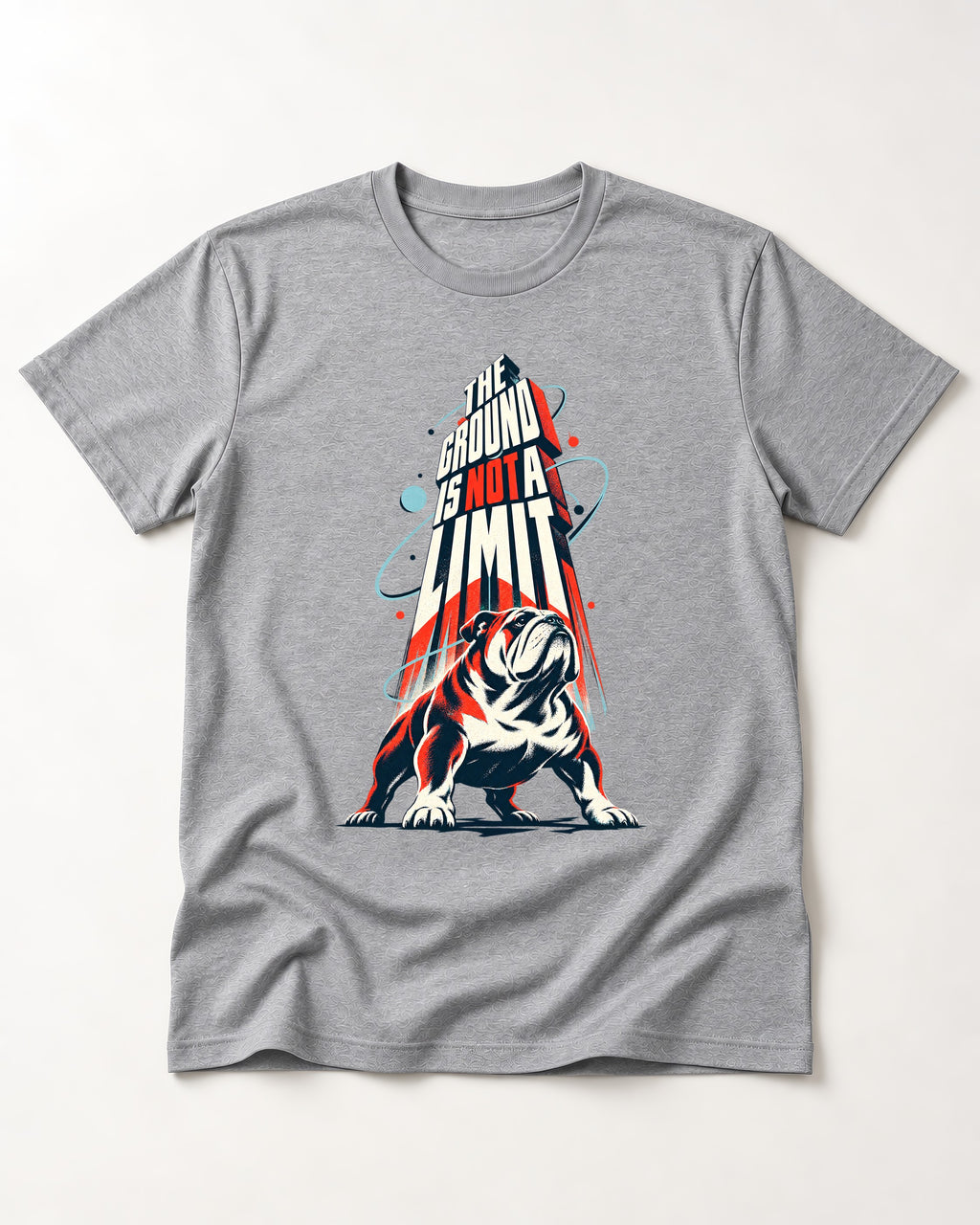 English Bulldog The Ground Is Not a Limit Orbital Graphic T-Shirt in Sport Grey, flat lay product photo