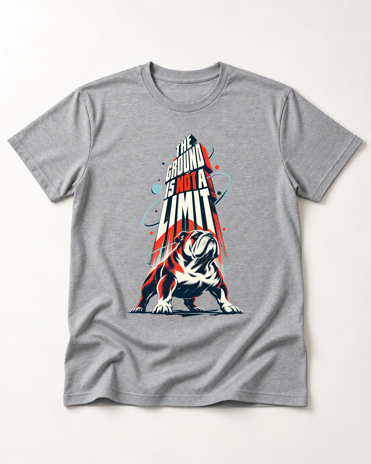 English Bulldog The Ground Is Not a Limit Orbital Graphic T-Shirt in Sport Grey, flat lay product photo