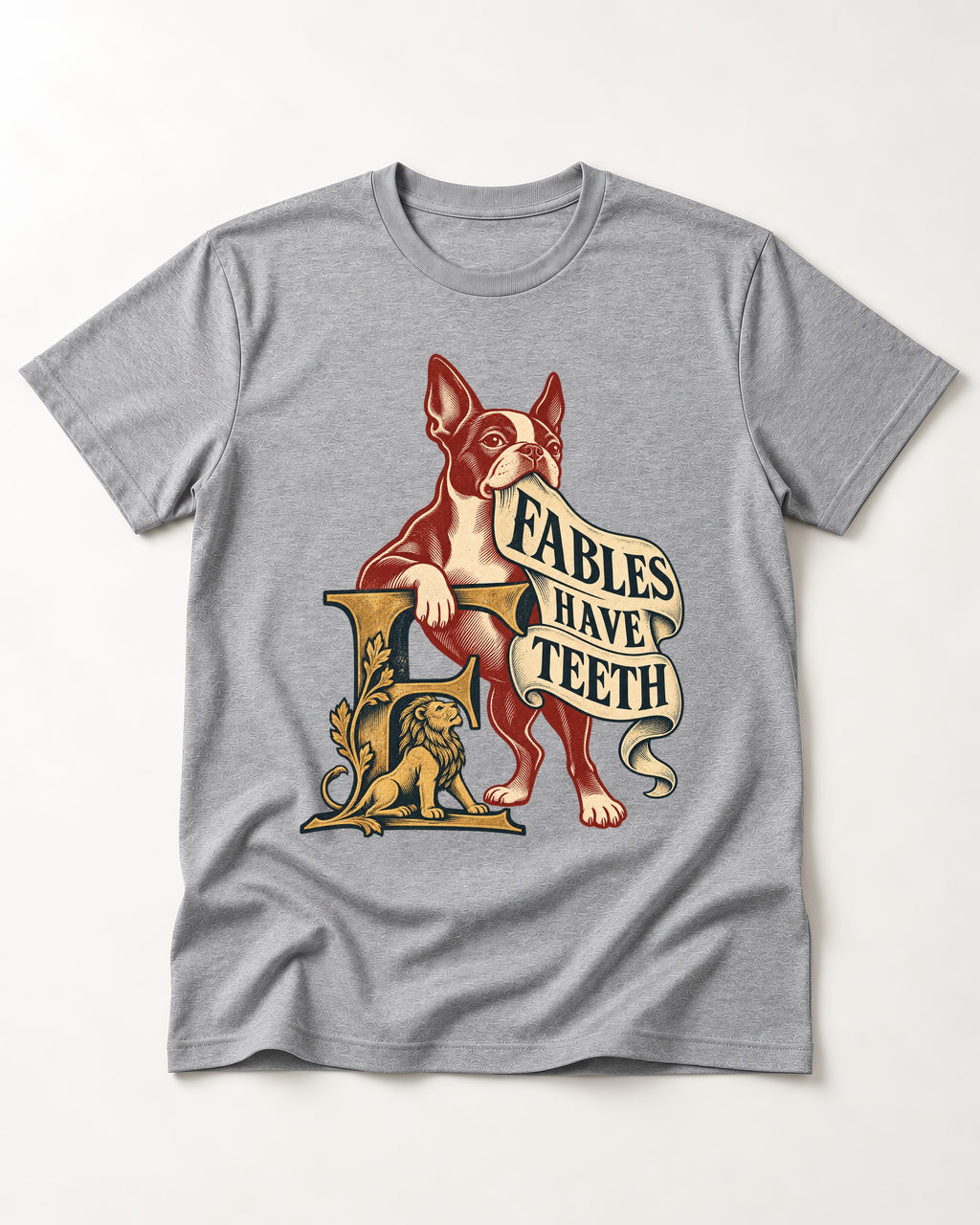 Boston Terrier Fables Have Teeth T-Shirt in Sport Grey, flat lay product photo