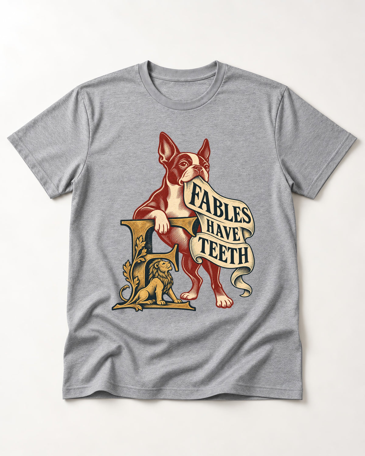 Boston Terrier Fables Have Teeth T-Shirt in Sport Grey, flat lay product photo