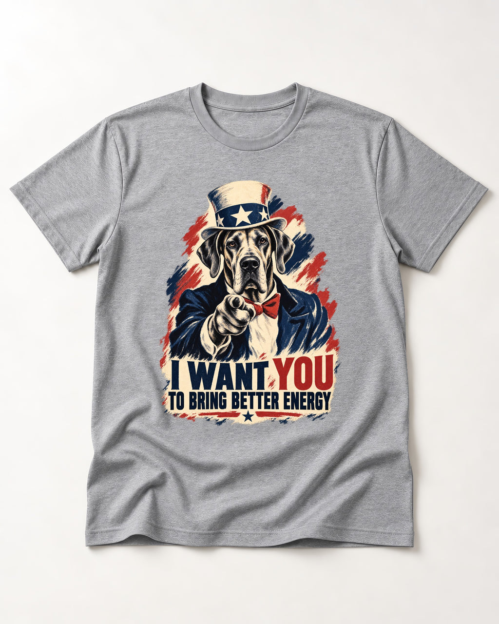 Great Dane I Want You to Bring Better Energy Uncle Sam Graphic T-Shirt in Sport Grey, flat lay product photo