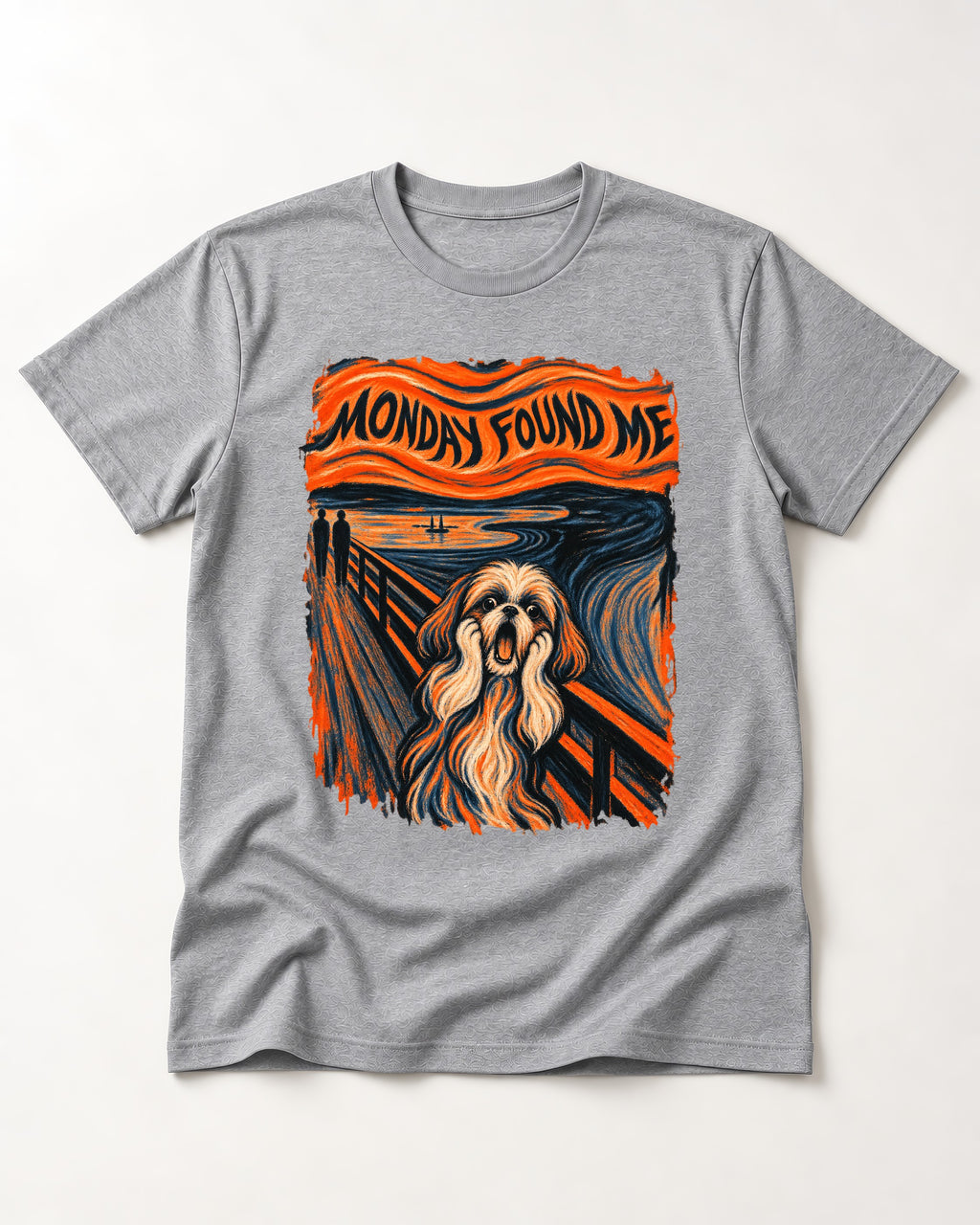 Shih Tzu Monday Found Me Scream Parody Graphic T-Shirt in Sport Grey, flat lay product photo