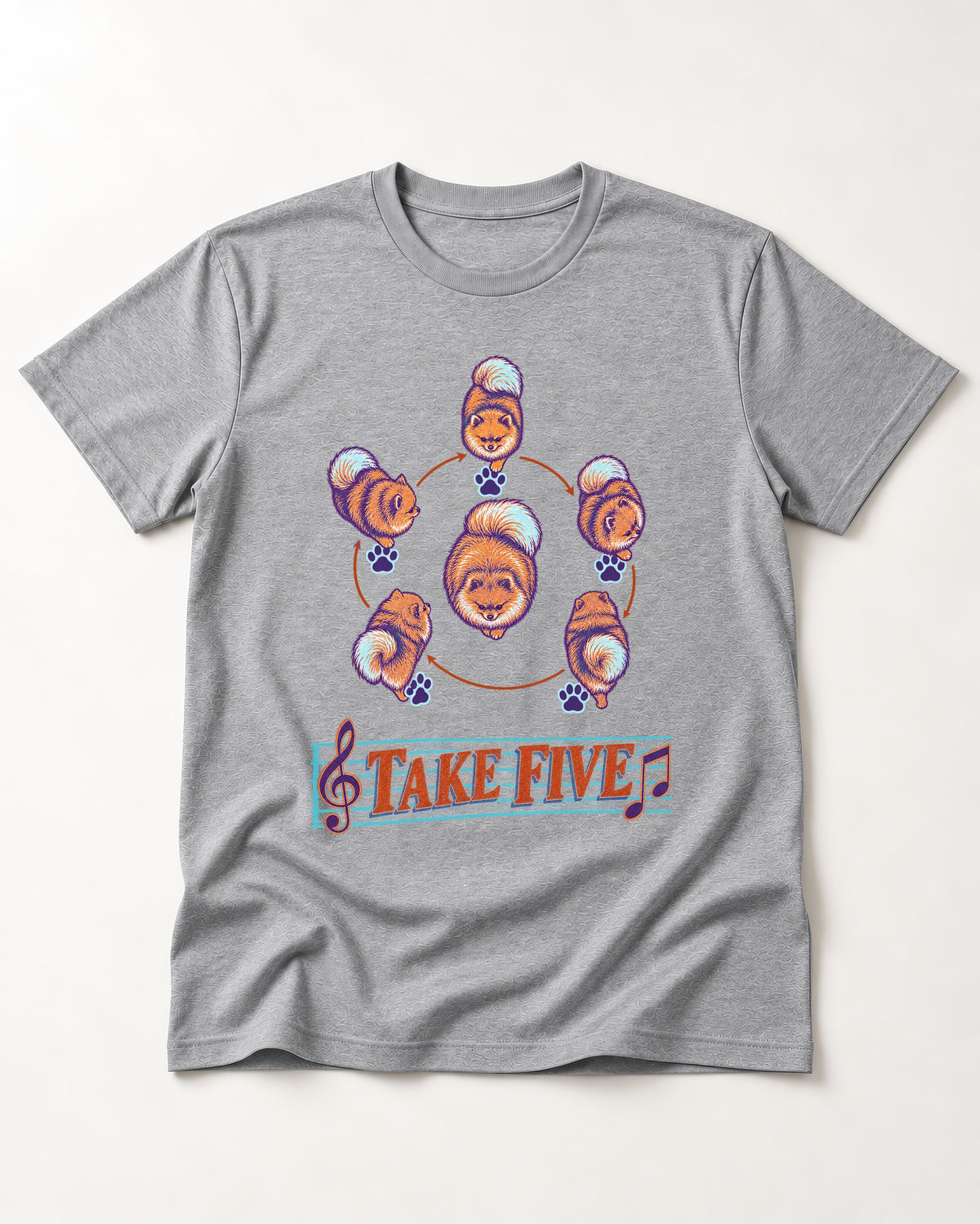 Pomeranian Take Five Choreography Cycle Graphic T-Shirt in Sport Grey, flat lay product photo