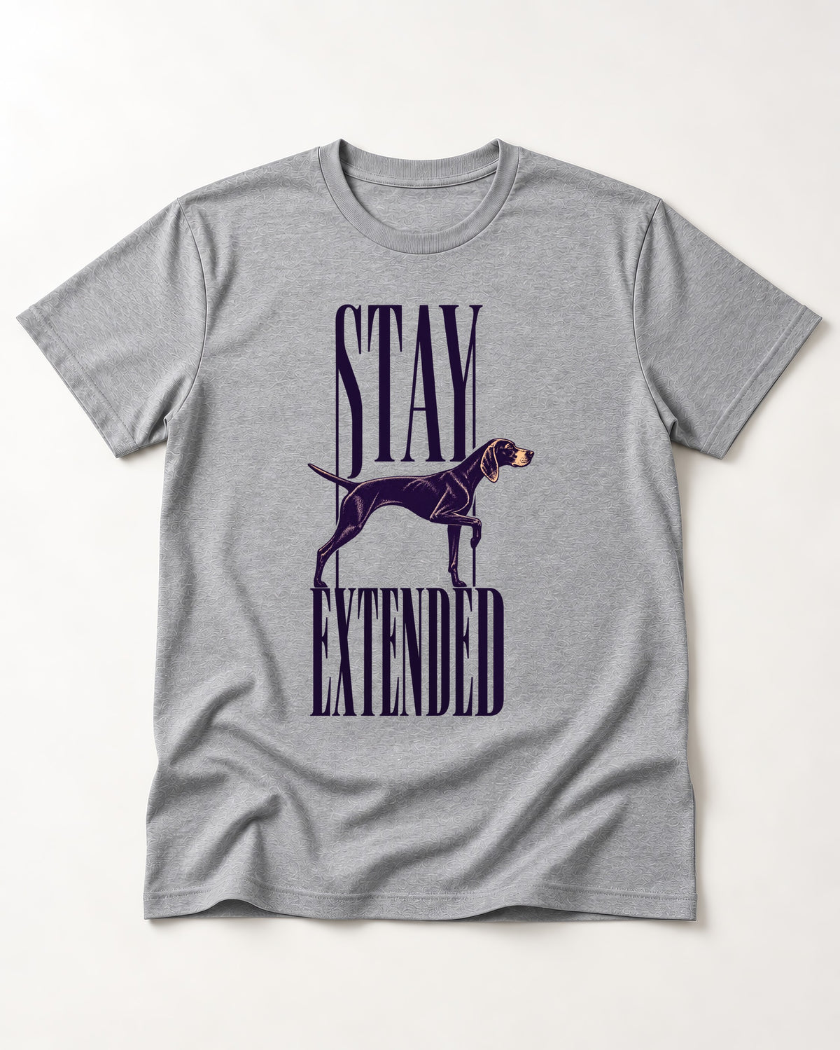 Stay Extended German Shorthaired Pointer T-Shirt in Sport Grey, flat lay product photo