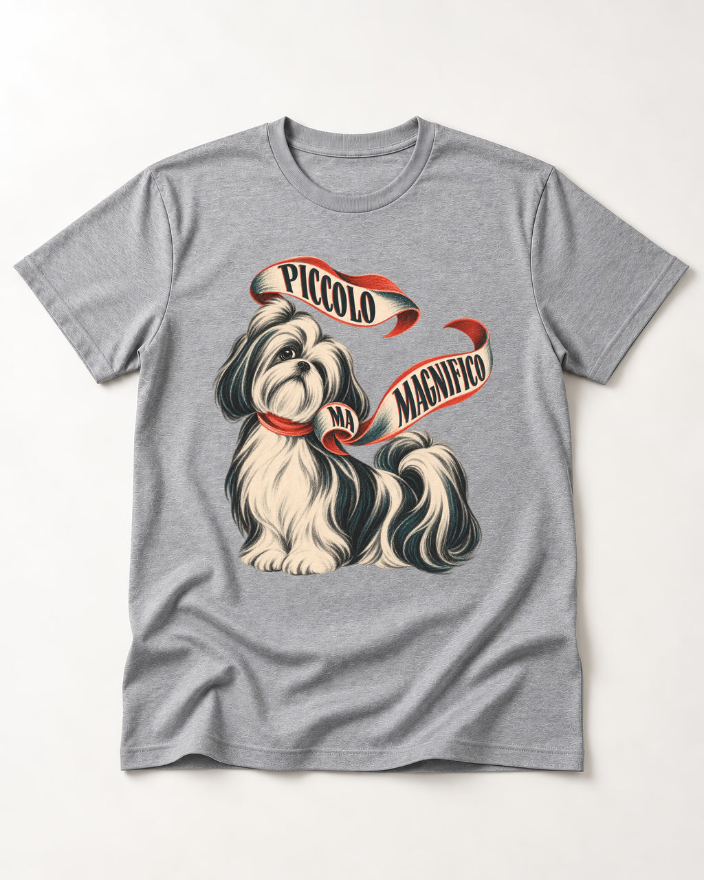 Piccolo Ma Magnifico Shih Tzu T-Shirt in Sport Grey, flat lay product photo