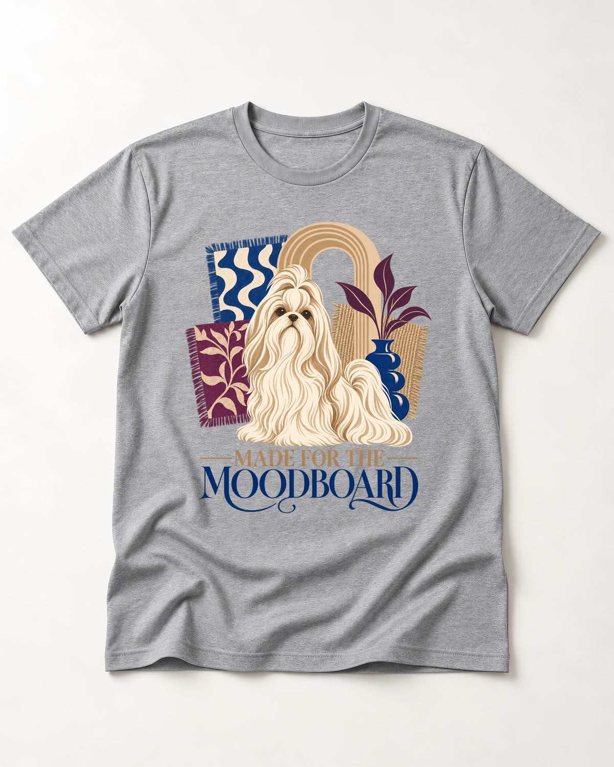 Shih Tzu Made for the Moodboard Boho Interior Graphic T-Shirt in Sport Grey, flat lay product photo