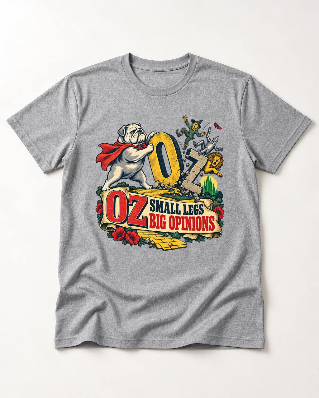 English Bulldog Small Legs Big Opinions T-Shirt in Sport Grey, flat lay product photo