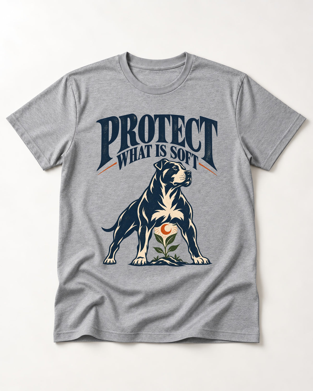 Protect What Is Soft Pitbull T-Shirt in Sport Grey, flat lay product photo
