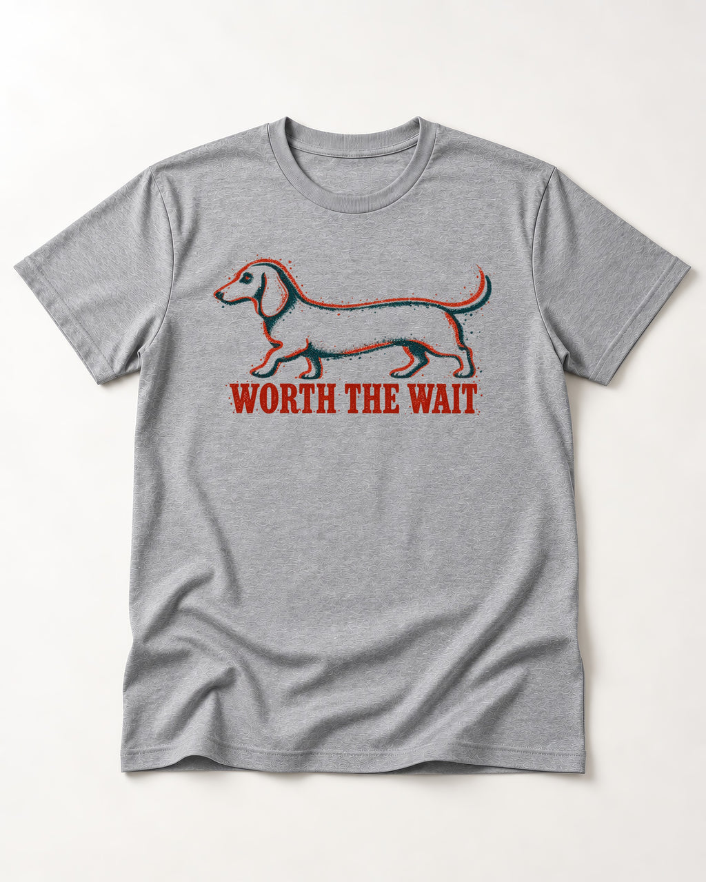 Dachshund Worth The Wait Distressed Outline Graphic T-Shirt in Sport Grey, flat lay product photo