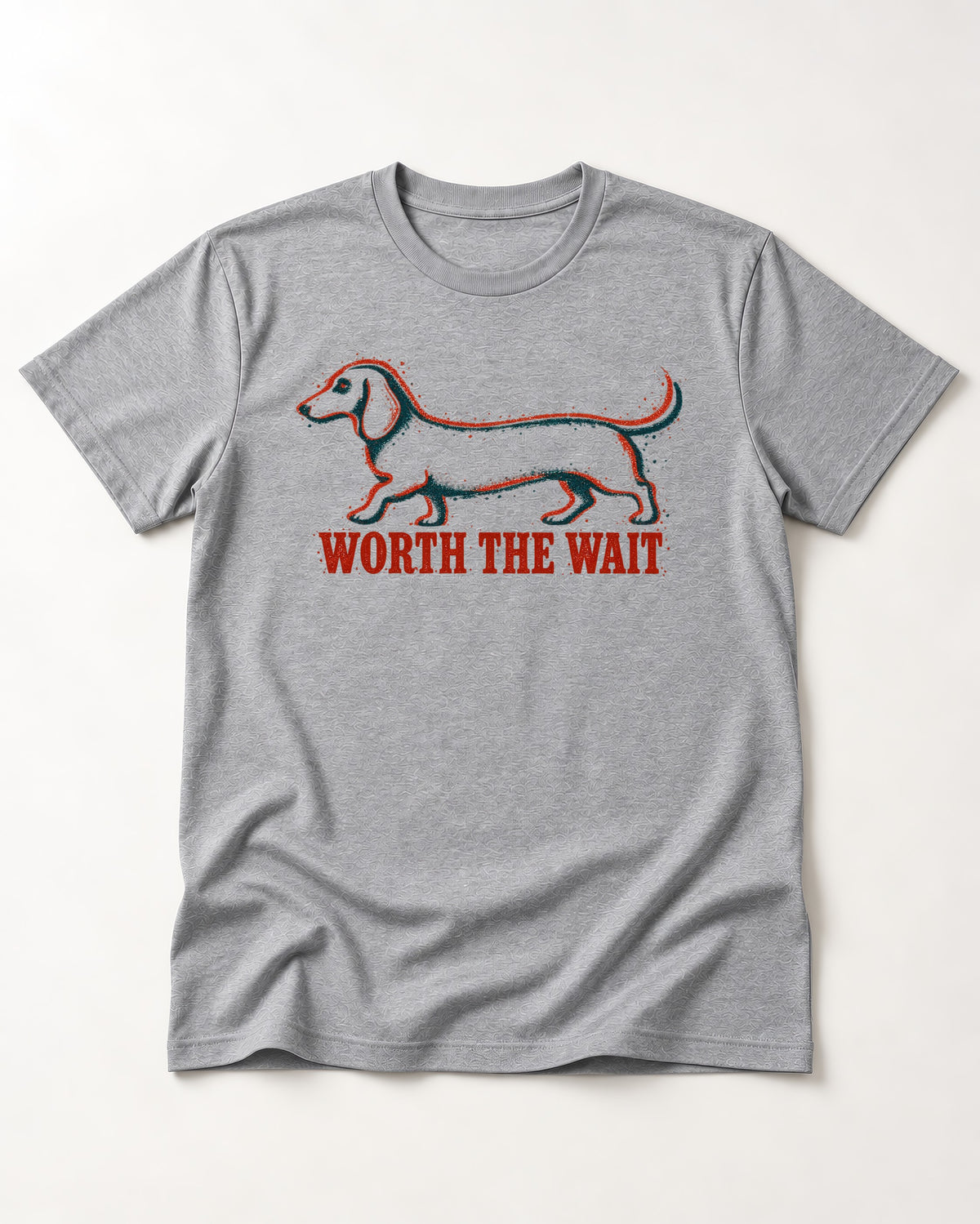 Dachshund Worth The Wait Distressed Outline Graphic T-Shirt in Sport Grey, flat lay product photo