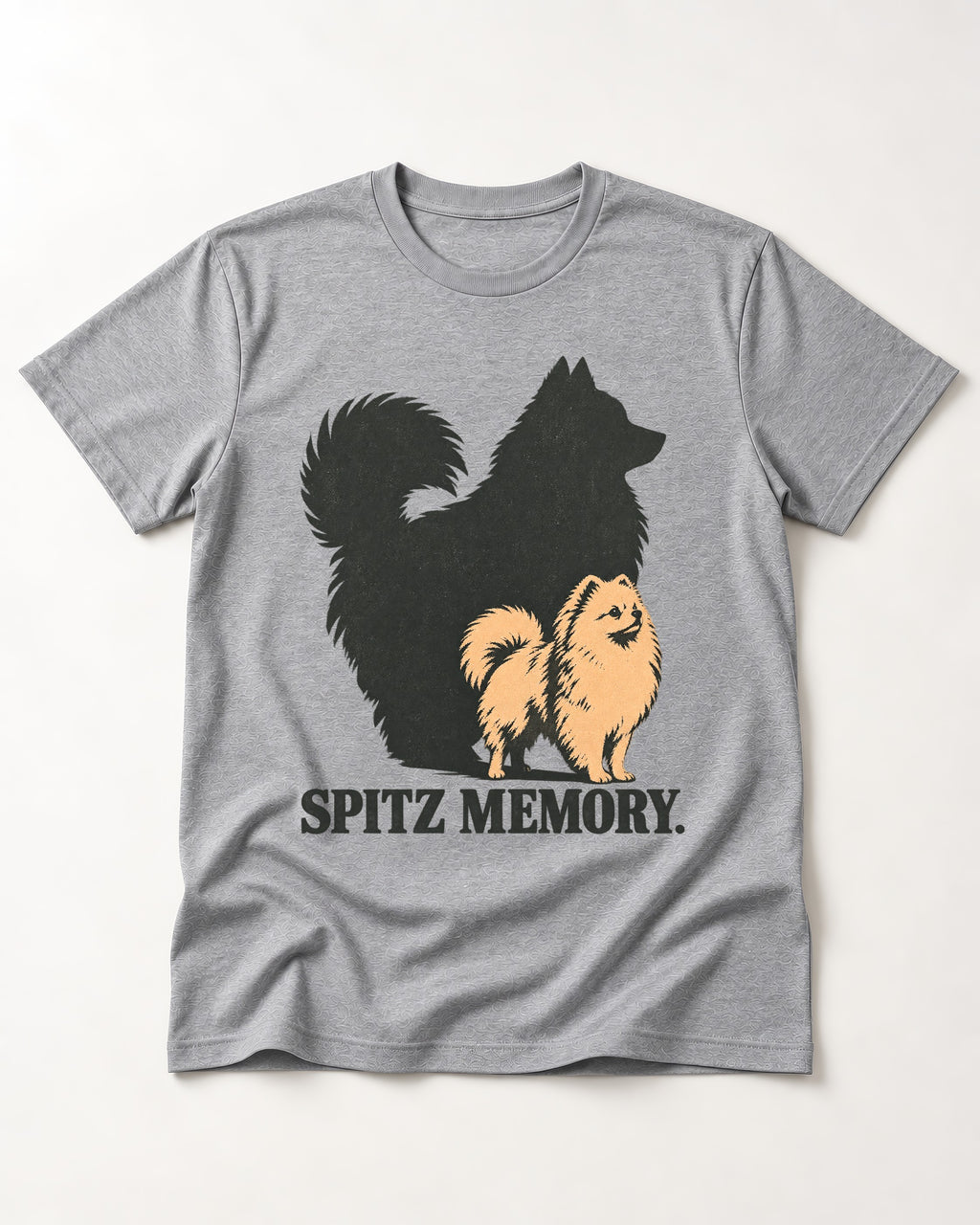 Pomeranian Spitz Memory T-Shirt in Sport Grey, flat lay product photo