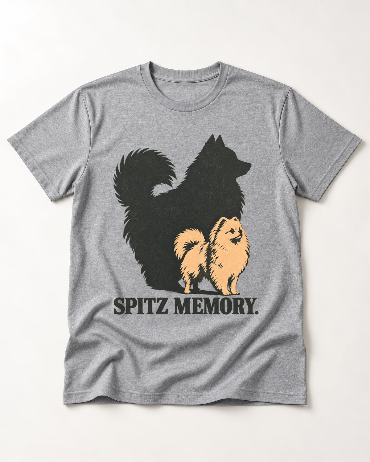 Pomeranian Spitz Memory T-Shirt in Sport Grey, flat lay product photo