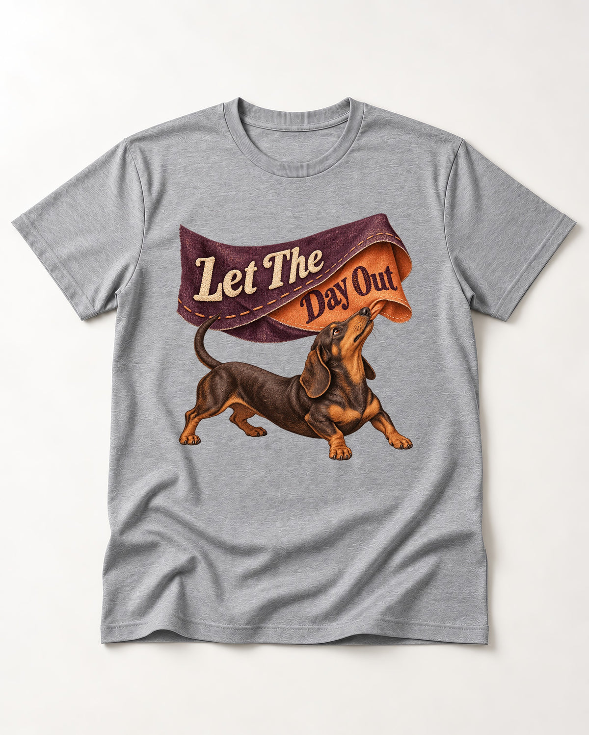 Dachshund Let The Day Out Fabric Banner Graphic T-Shirt in Sport Grey, flat lay product photo