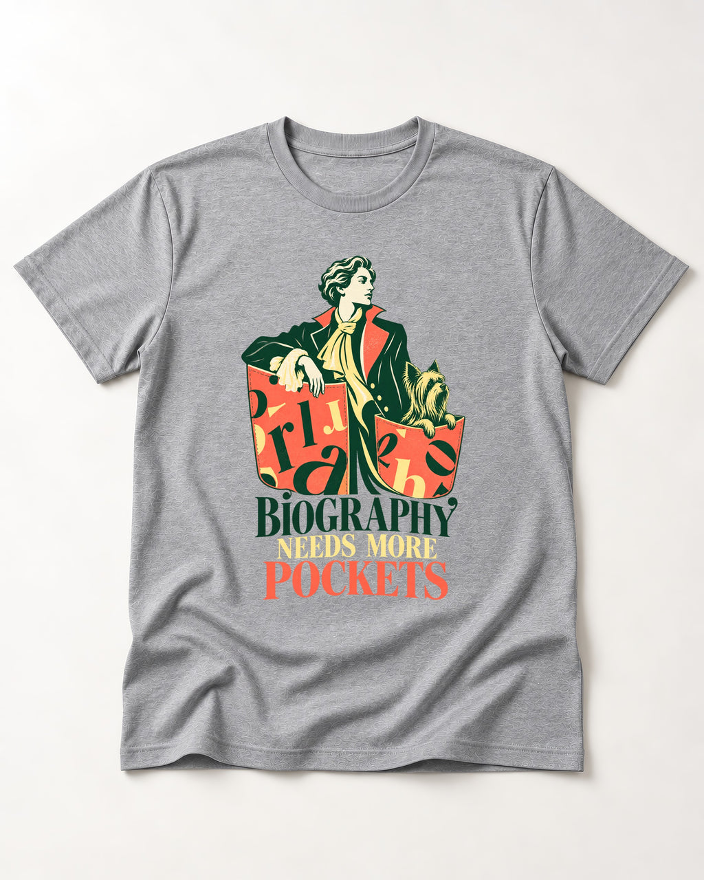 Yorkshire Terrier Biography Needs More Pockets Literary Portrait Graphic T-Shirt in Sport Grey, flat lay product photo