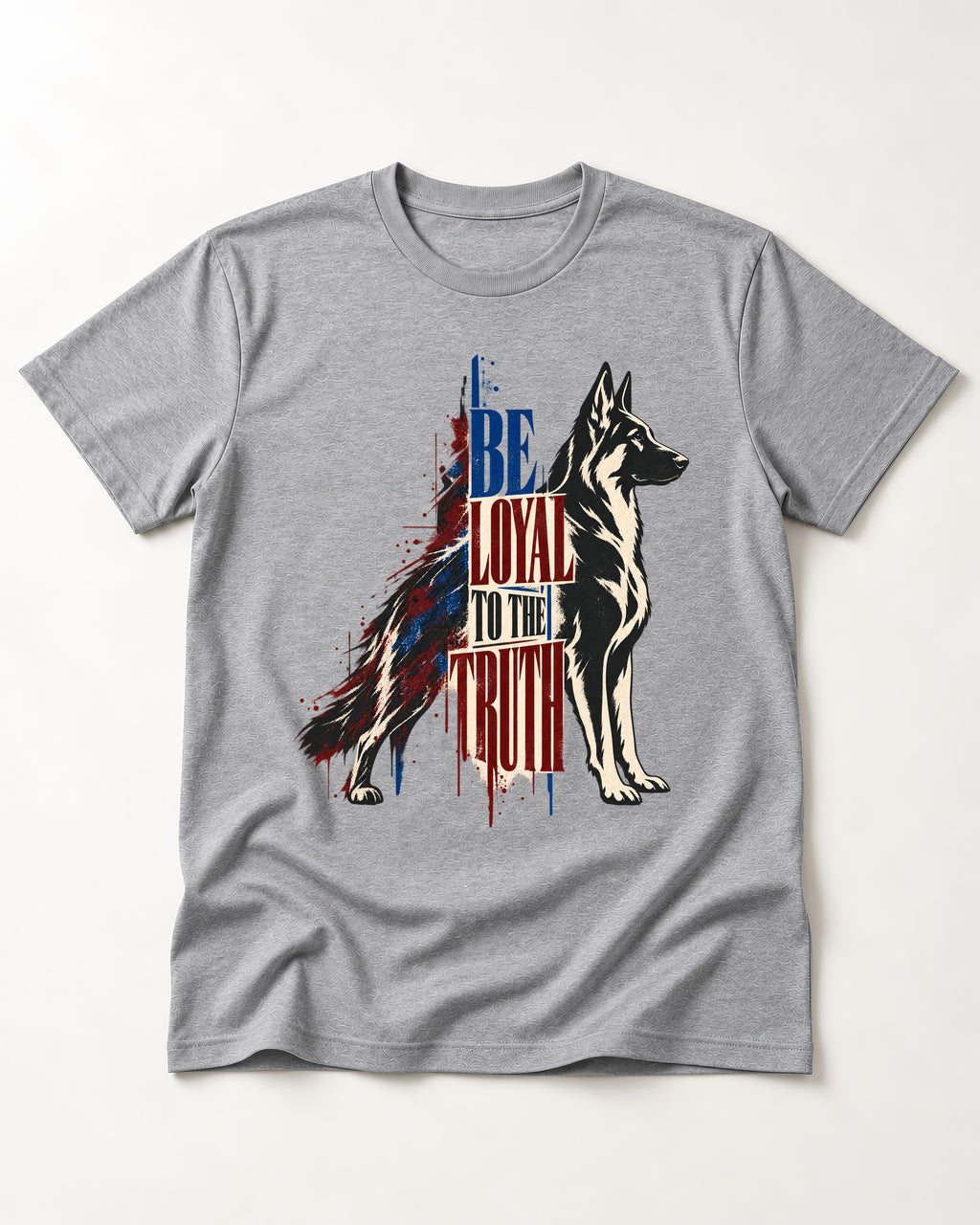 Loyal to the Truth German Shepherd Dog T-Shirt in Sport Grey, flat lay product photo
