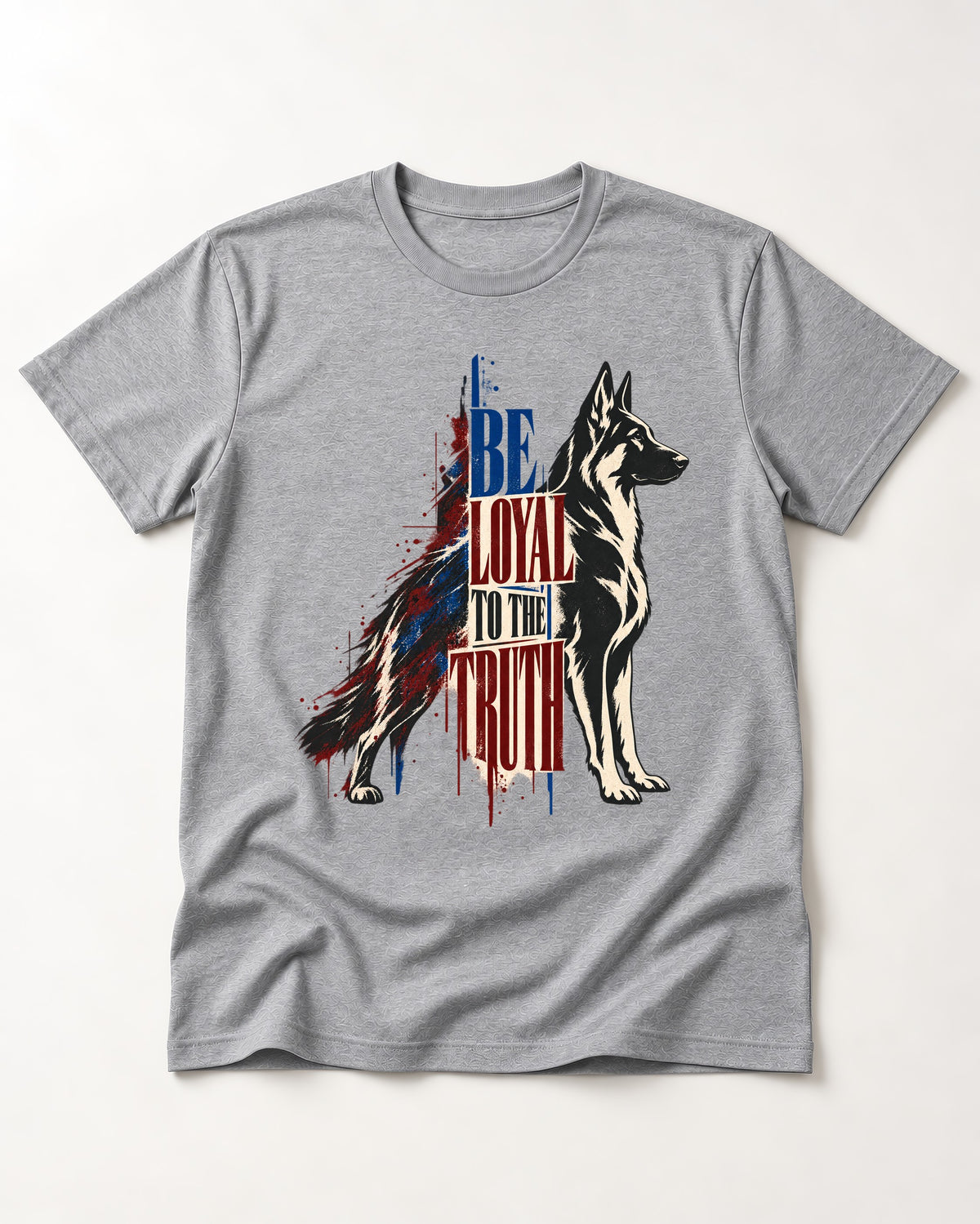 Loyal to the Truth German Shepherd Dog T-Shirt in Sport Grey, flat lay product photo