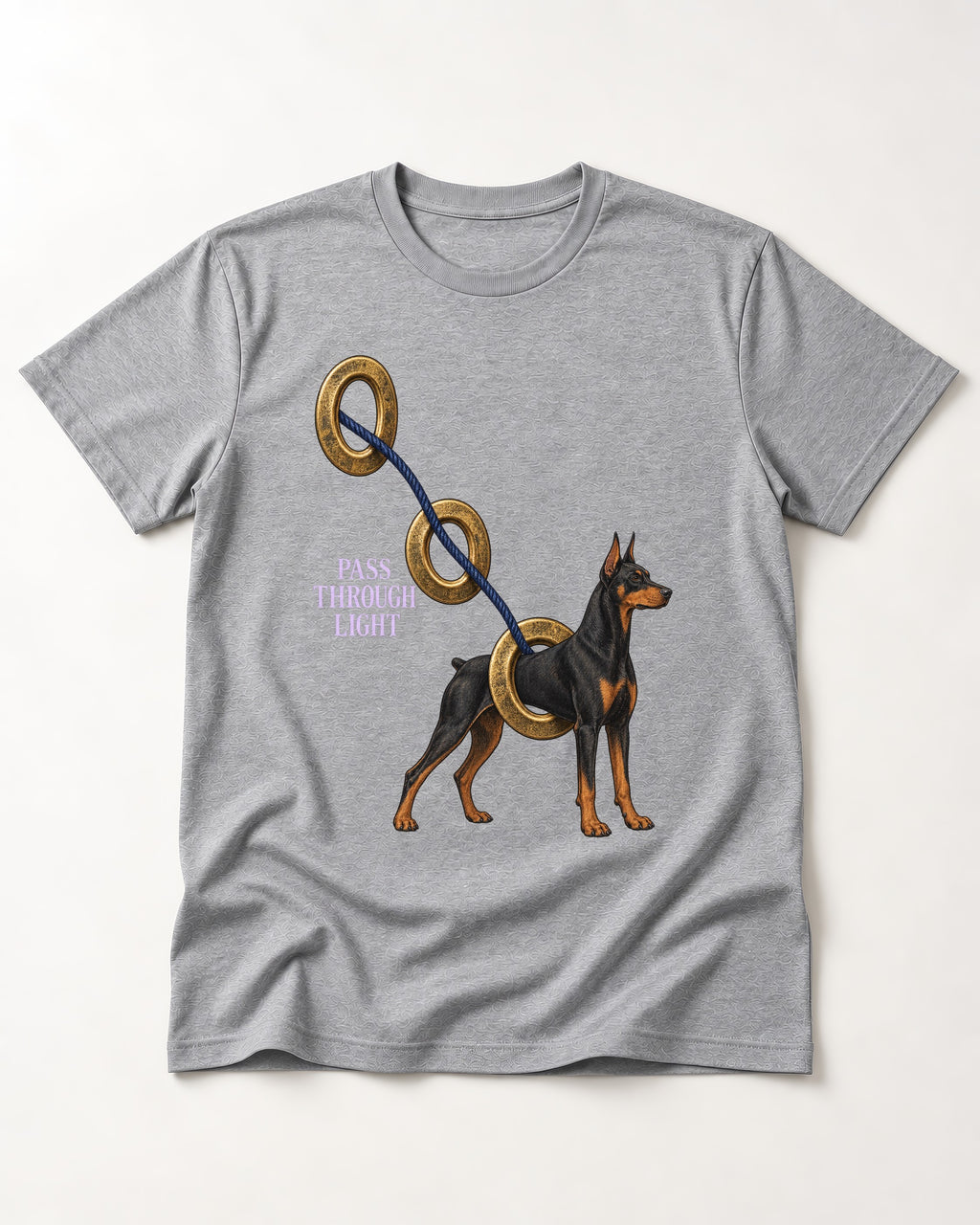 Doberman Pass Through Light Ring Graphic T-Shirt in Sport Grey, flat lay product photo