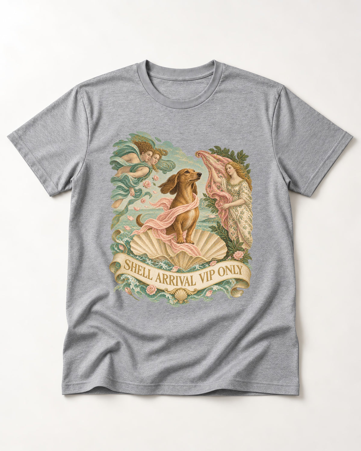 Dachshund Shell Arrival VIP Only Venus Parody Graphic T-Shirt in Sport Grey, flat lay product photo