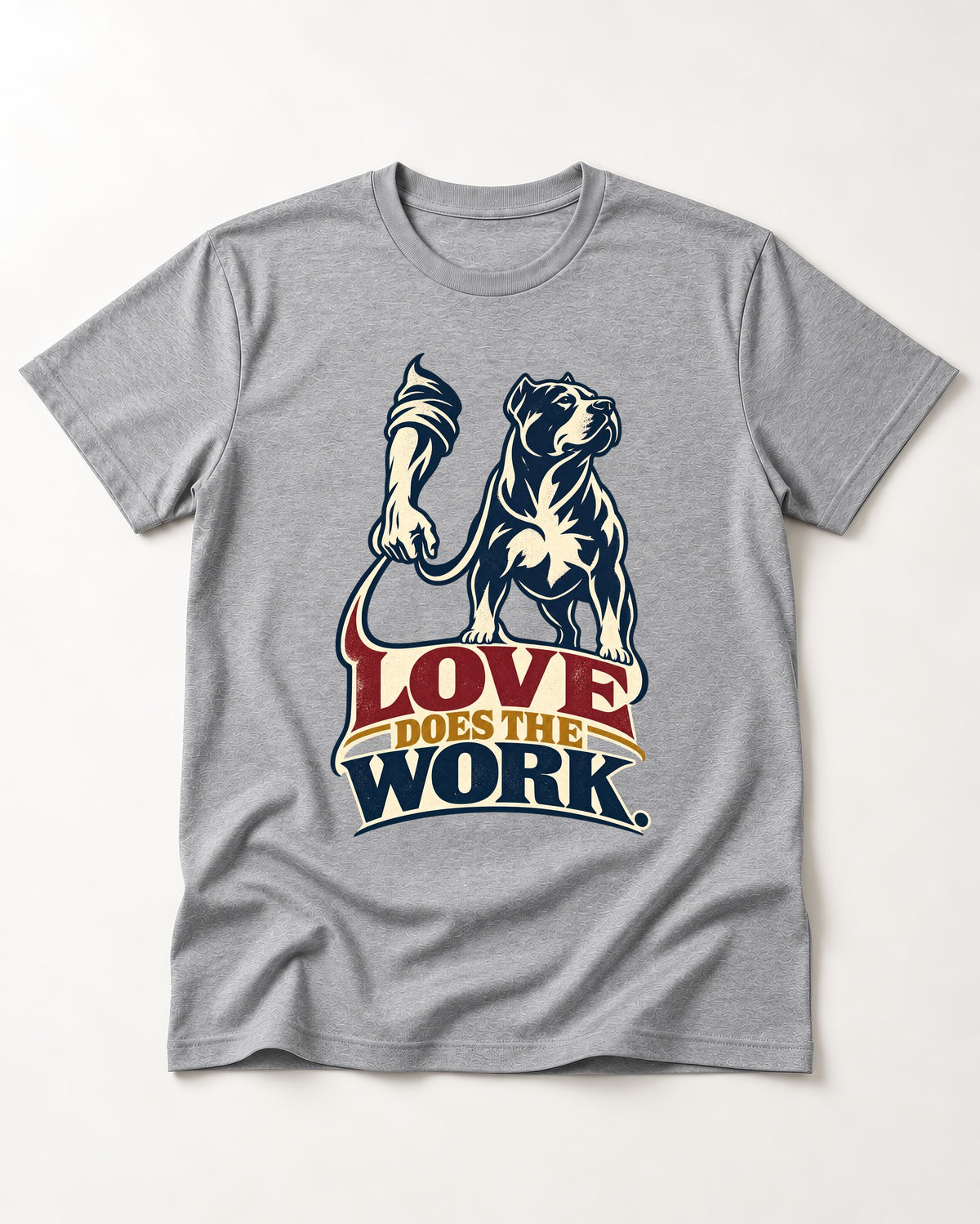 Pitbull Love Does the Work T-Shirt in Sport Grey, flat lay product photo