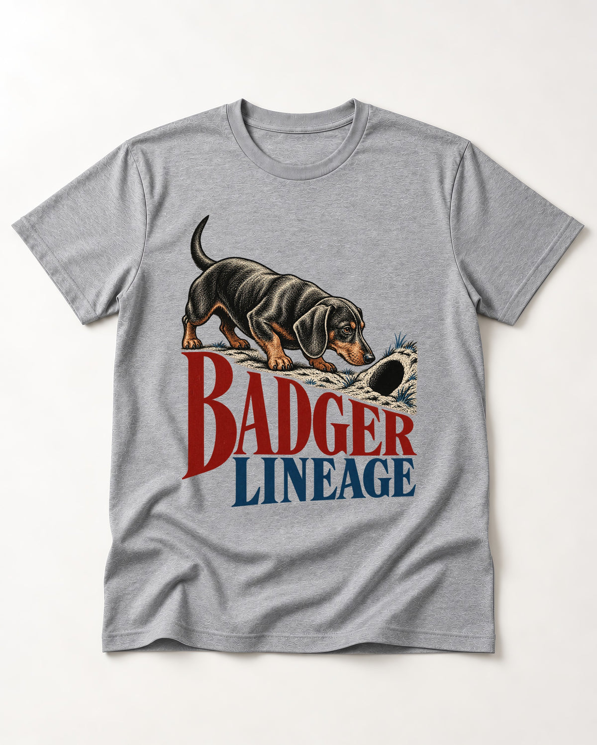 Dachshund Badger Lineage T-Shirt in Sport Grey, flat lay product photo