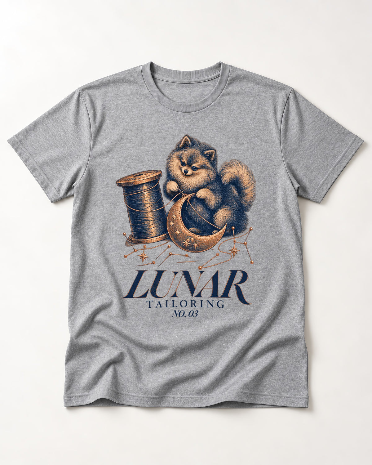 Pomeranian's Lunar Tailoring T-Shirt in Sport Grey, flat lay product photo