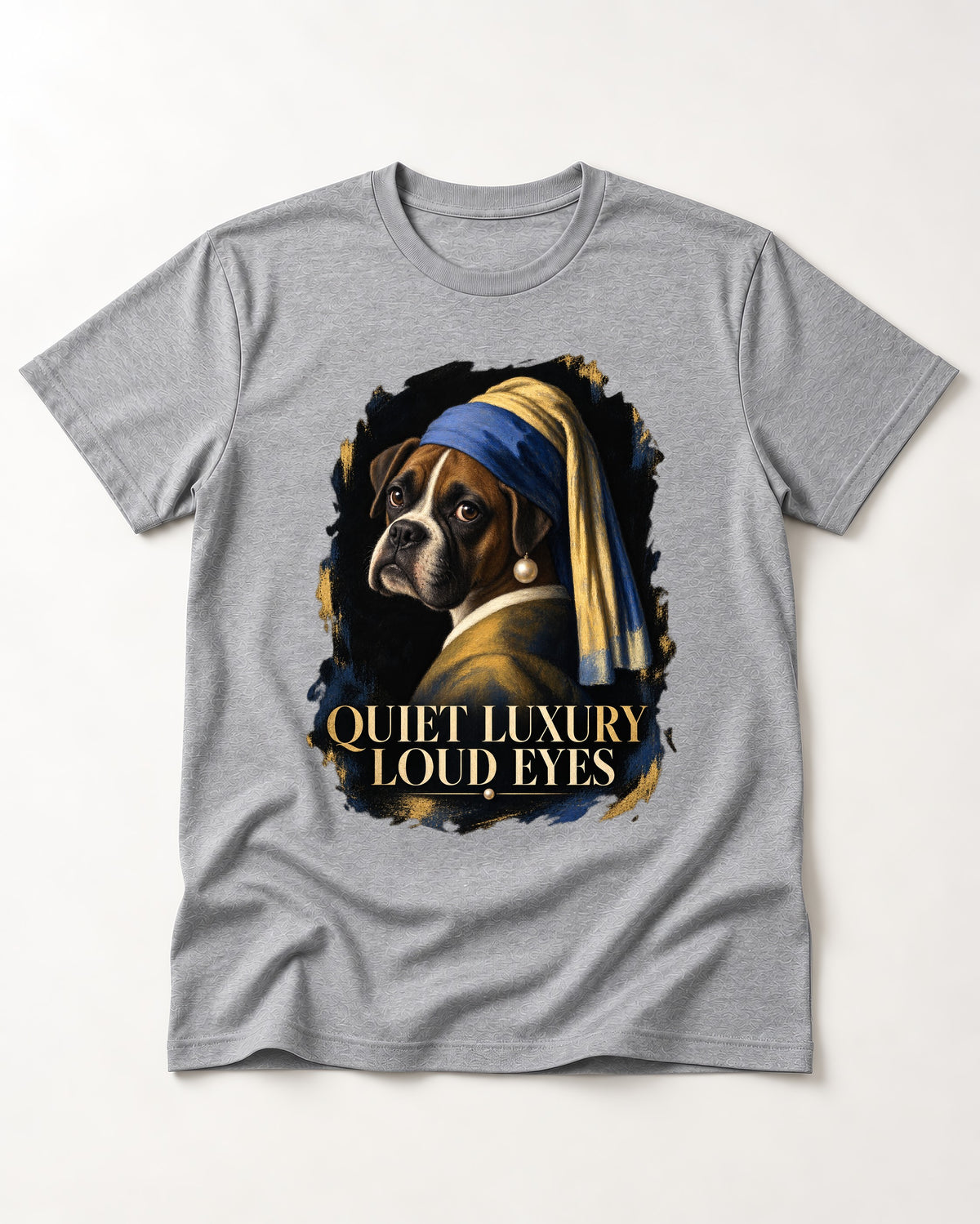 Quiet Luxury Loud Eyes Boxer Pearl Portrait T-Shirt in Sport Grey, flat lay product photo
