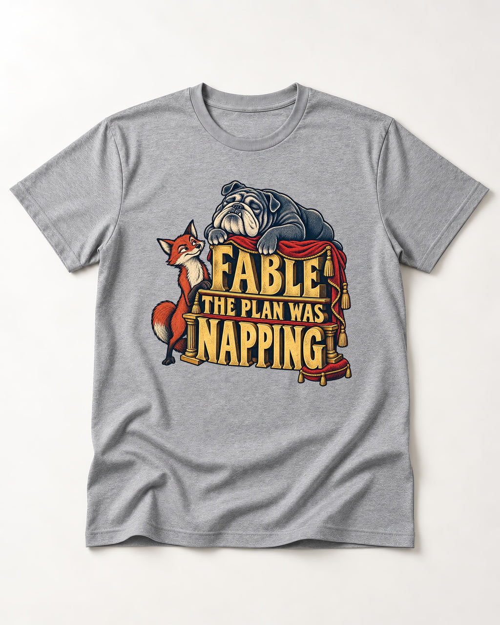 English Bulldog The Plan Was Napping T-Shirt in Sport Grey, flat lay product photo
