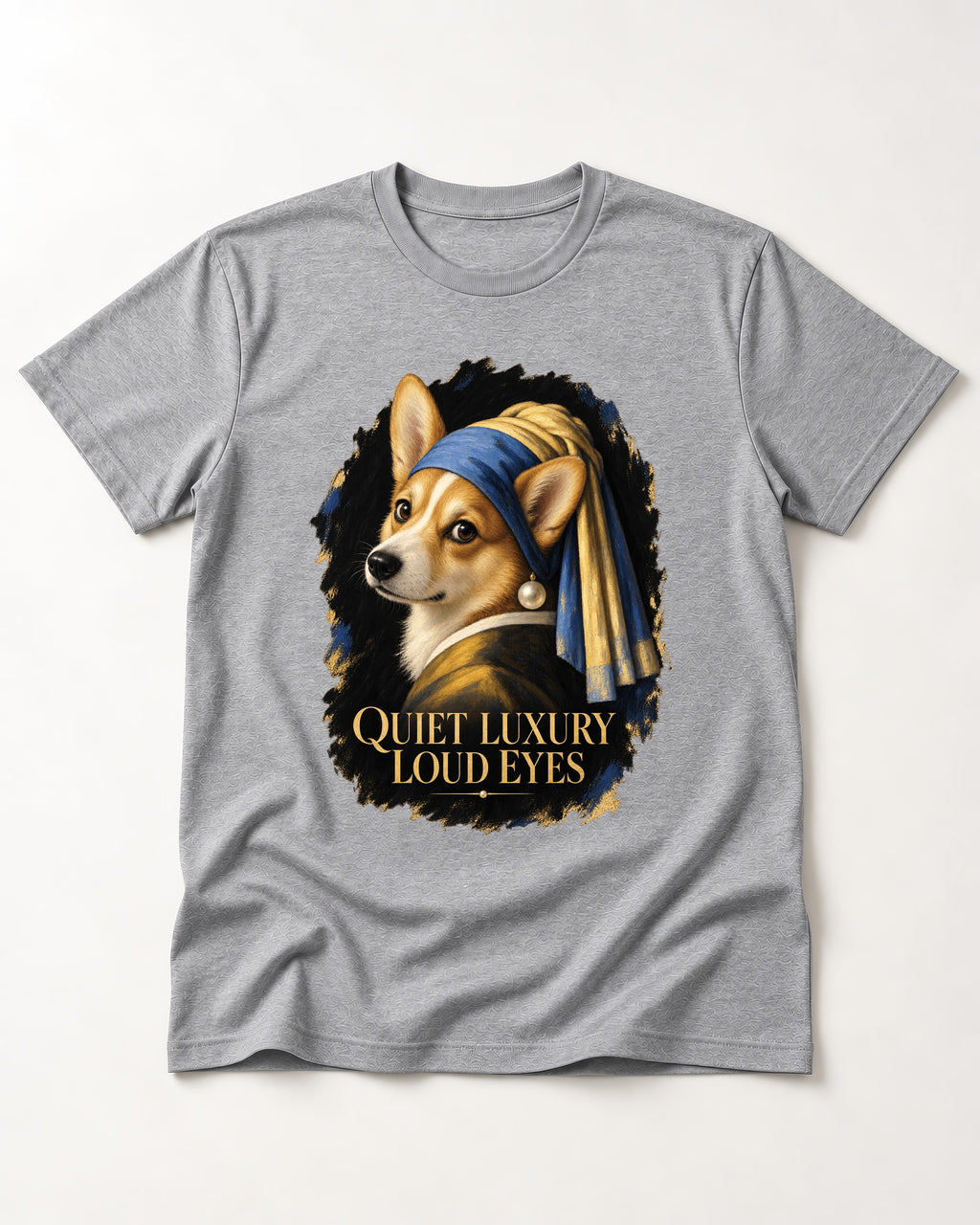 Corgi Quiet Luxury Loud Eyes Pearl Earring Portrait T-Shirt in Sport Grey, flat lay product photo