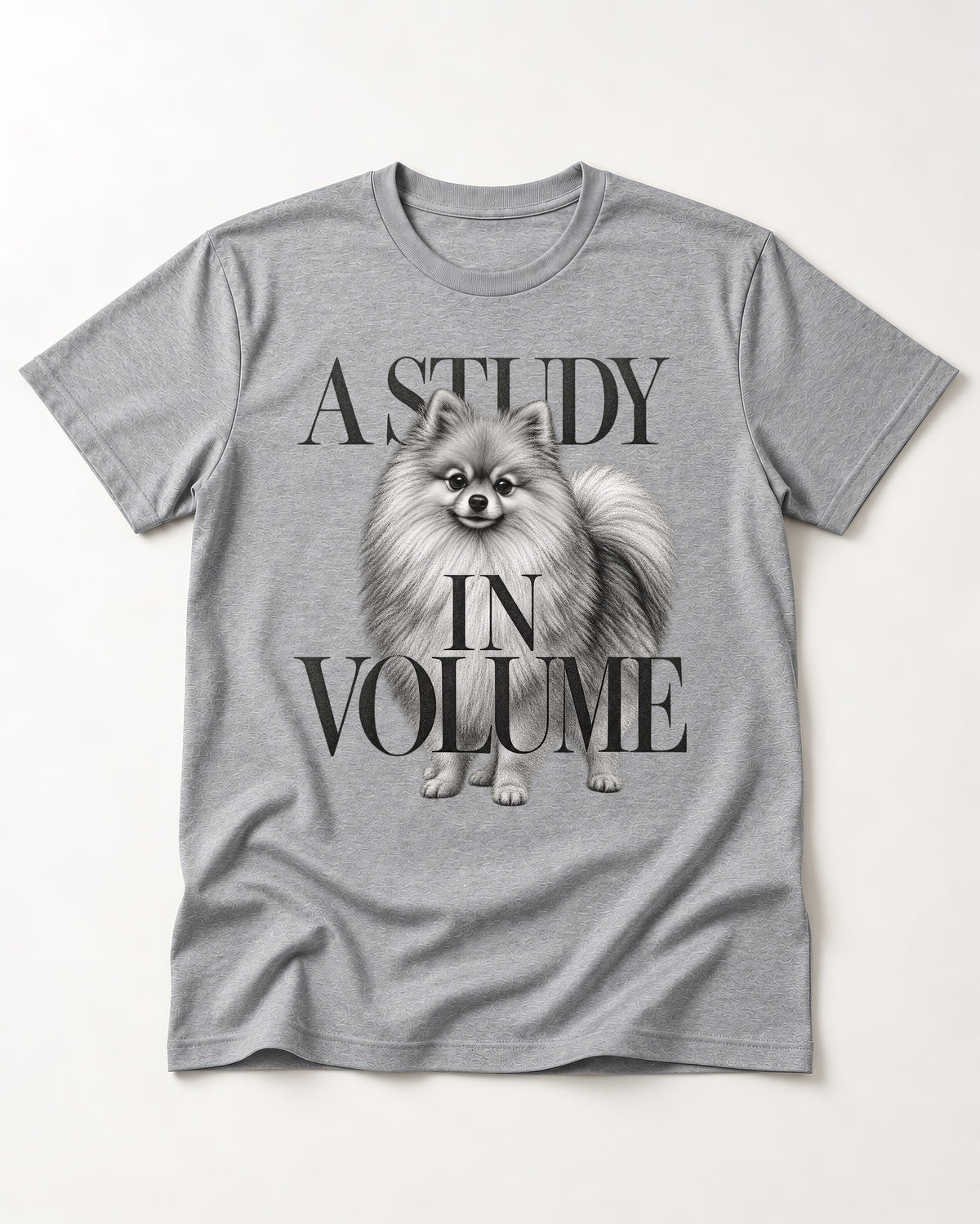 Pomeranian Study in Volume T-Shirt in Sport Grey, flat lay product photo