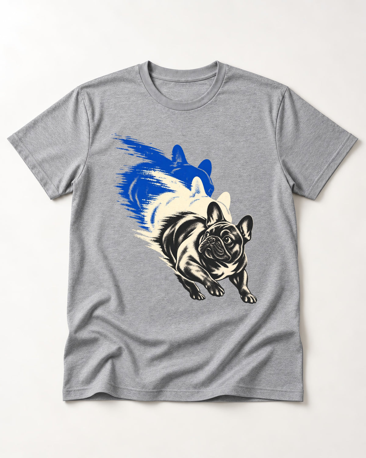 Frenchie Blue Brush Zoomie Graphic T-Shirt in Sport Grey, flat lay product photo