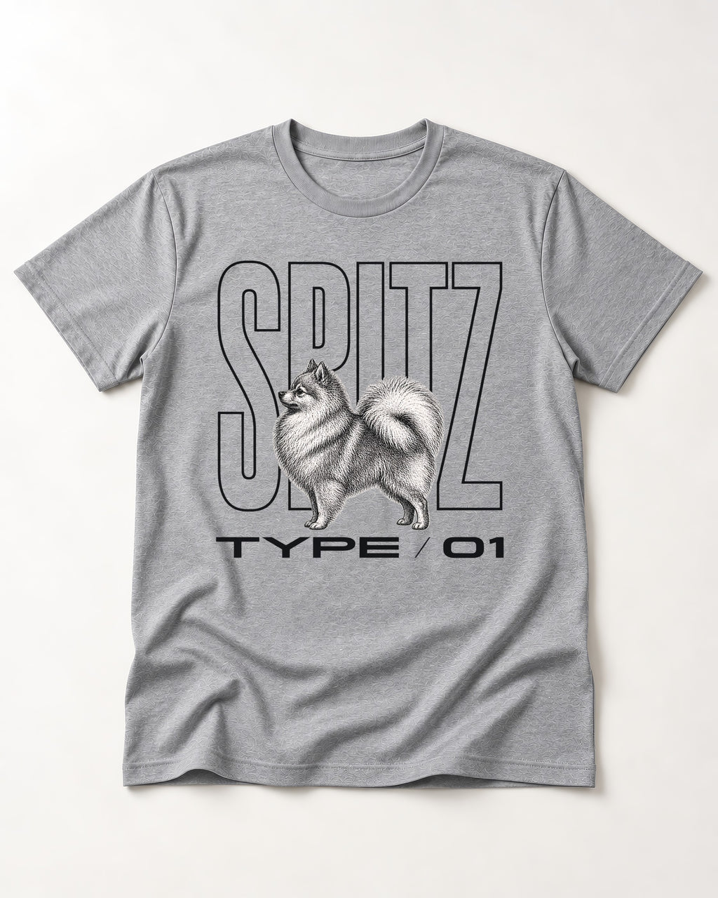 Pomeranian Spitz T-Shirt in Sport Grey, flat lay product photo