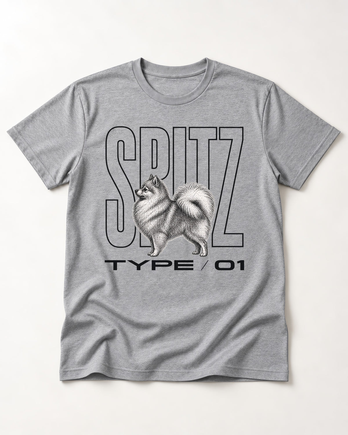 Pomeranian Spitz T-Shirt in Sport Grey, flat lay product photo