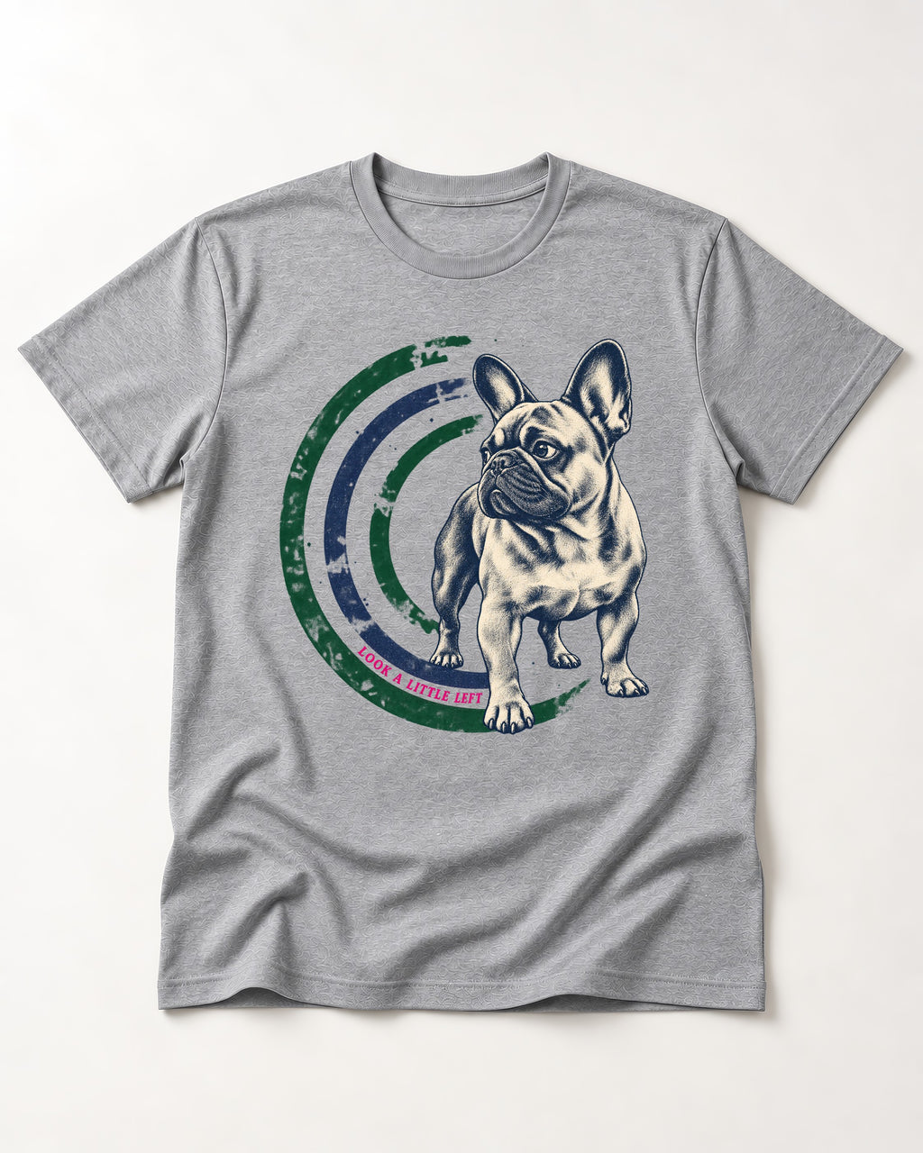 Frenchie Look a Little Left Orbit Graphic T-Shirt in Sport Grey, flat lay product photo
