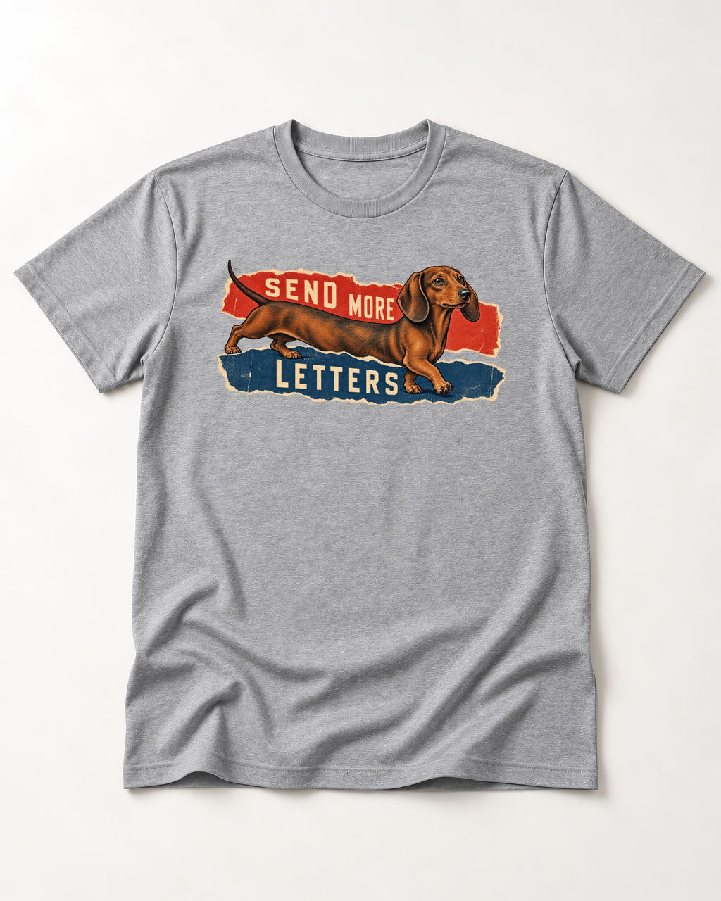 Dachshund Send More Letters Torn Paper Graphic T-Shirt in Sport Grey, flat lay product photo
