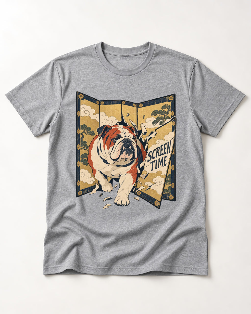English Bulldog Screen Time T-Shirt in Sport Grey, flat lay product photo