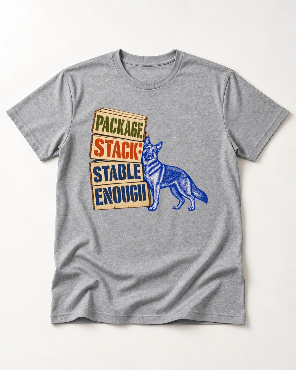 Package Stack Stable Enough German Shepherd Dog T-Shirt in Sport Grey, flat lay product photo