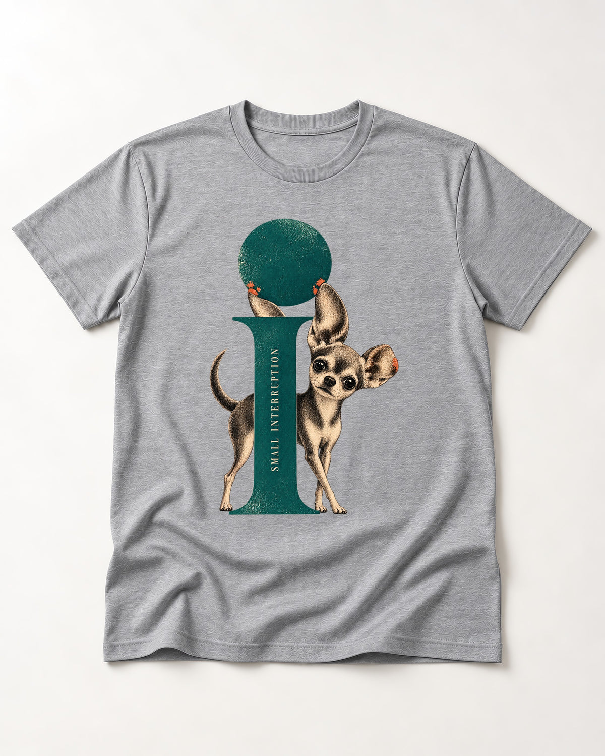 Chihuahua Small Interruption Geometric Portrait T-Shirt in Sport Grey, flat lay product photo