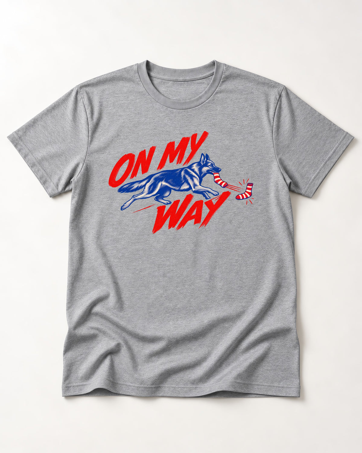 German Shepherd Dog On My Way Sock Chase Graphic T-Shirt in Sport Grey, flat lay product photo