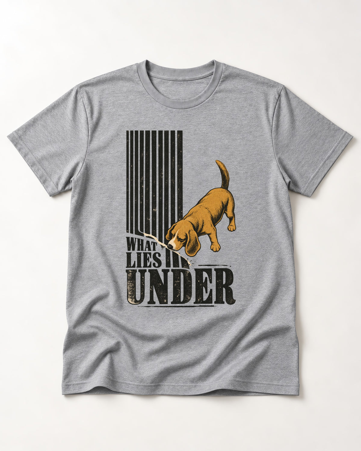 Beagle Knows What Lies Under T-Shirt in Sport Grey, flat lay product photo