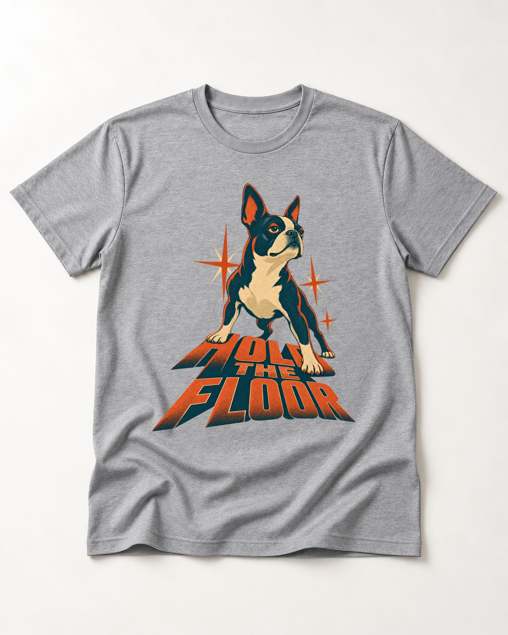 Boston Terrier On The Floor Perspective Graphic T-Shirt in Sport Grey, flat lay product photo