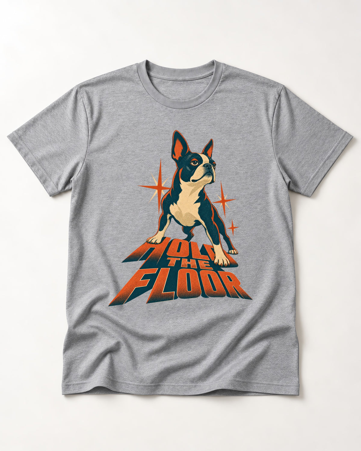 Boston Terrier On The Floor Perspective Graphic T-Shirt in Sport Grey, flat lay product photo