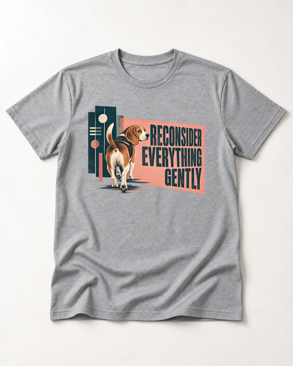 Beagle Reconsider Everything Gently Retro Graphic T-Shirt in Sport Grey, flat lay product photo